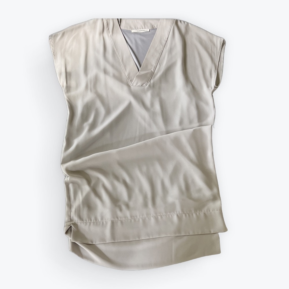 Caramela Light Gray Women's Shift Dress V Neck Lightweight Crepe Fabric Sz Small